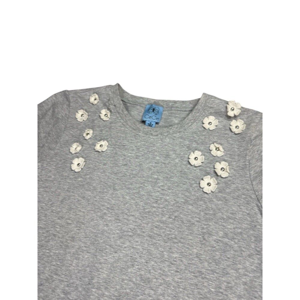 Cece Gray Floral Appliqué T-shirt Dress With Ruffle Medium Crewneck Short Sleeve - Picture 3 of 9